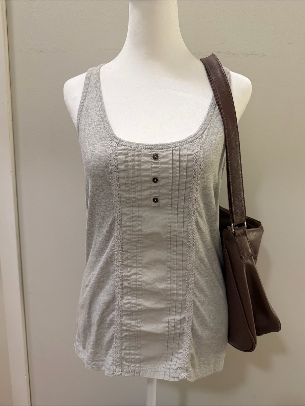Silver Jeans Co. Lace Trim Button Tank Gray